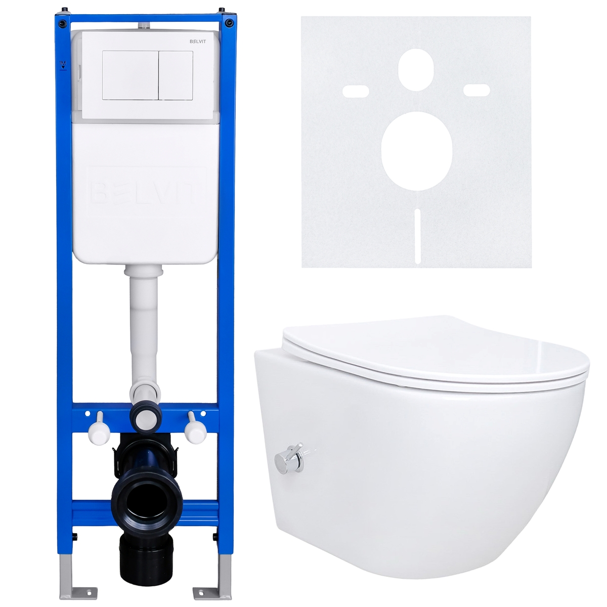 BELVIT WC Komplettset spülrandlos mit Bidetfunktion Armatur Eck-Vorwandelement Soft-Close Deckel Drückerplatte Weiß