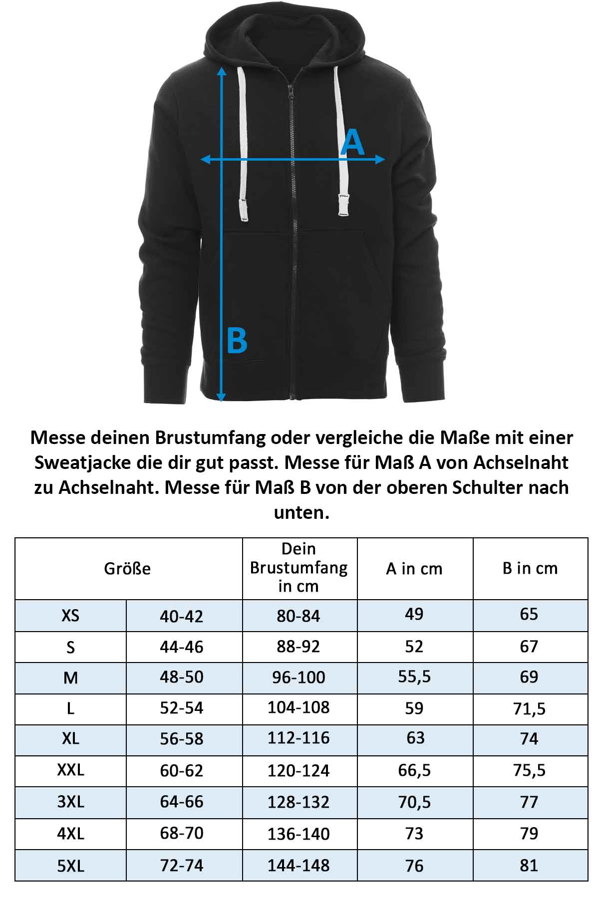 Größentabelle Herren Sweatshirt Houston