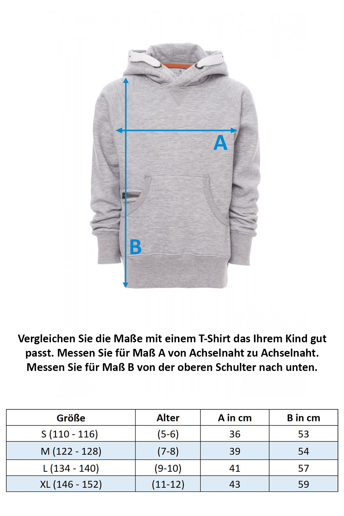 Größentabelle Jungen Pullover mit Kapuze