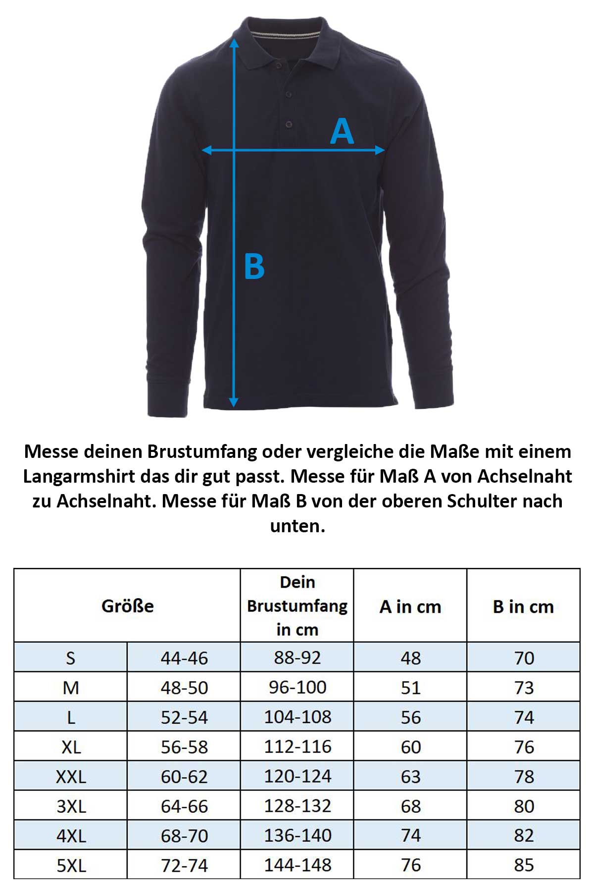 Größentabelle Herren Poloshirt Langarm Florence