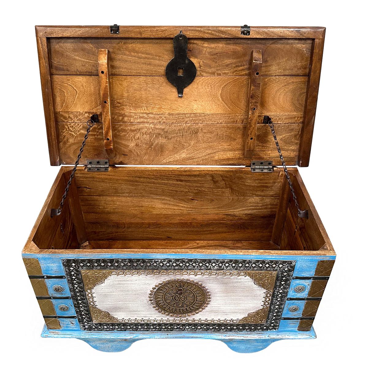Ancien Coffre à Outils Indien Des Années 1920 - Bois Massif, Lasures Bleues, Rustique