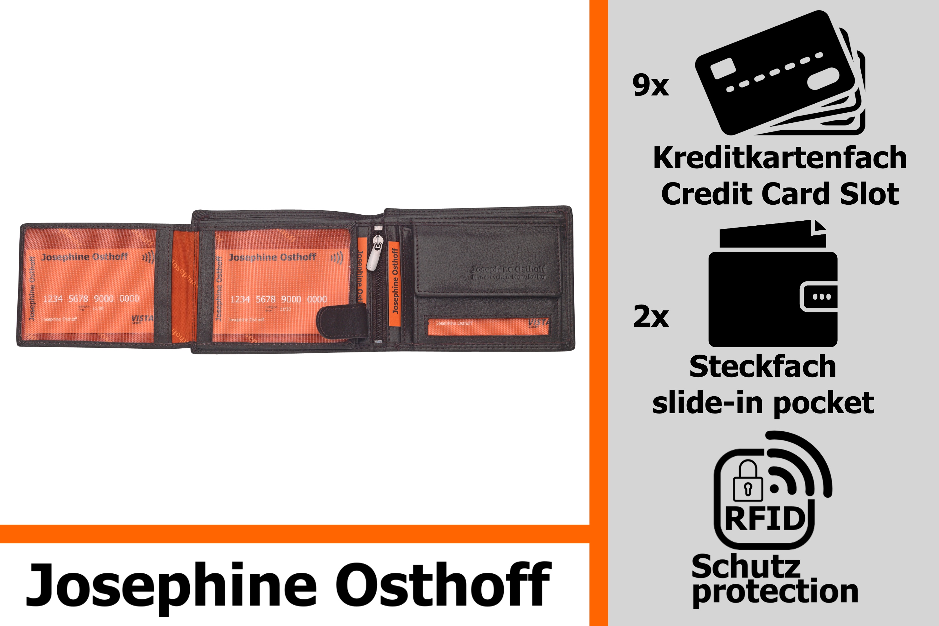 Josephine Osthoff Geldbörse Herren klassisch Querformat, Tri-Fold, Münzfach, Kartenfächer mit RFID, 100% Echtleder, Reißverschlussfach innen