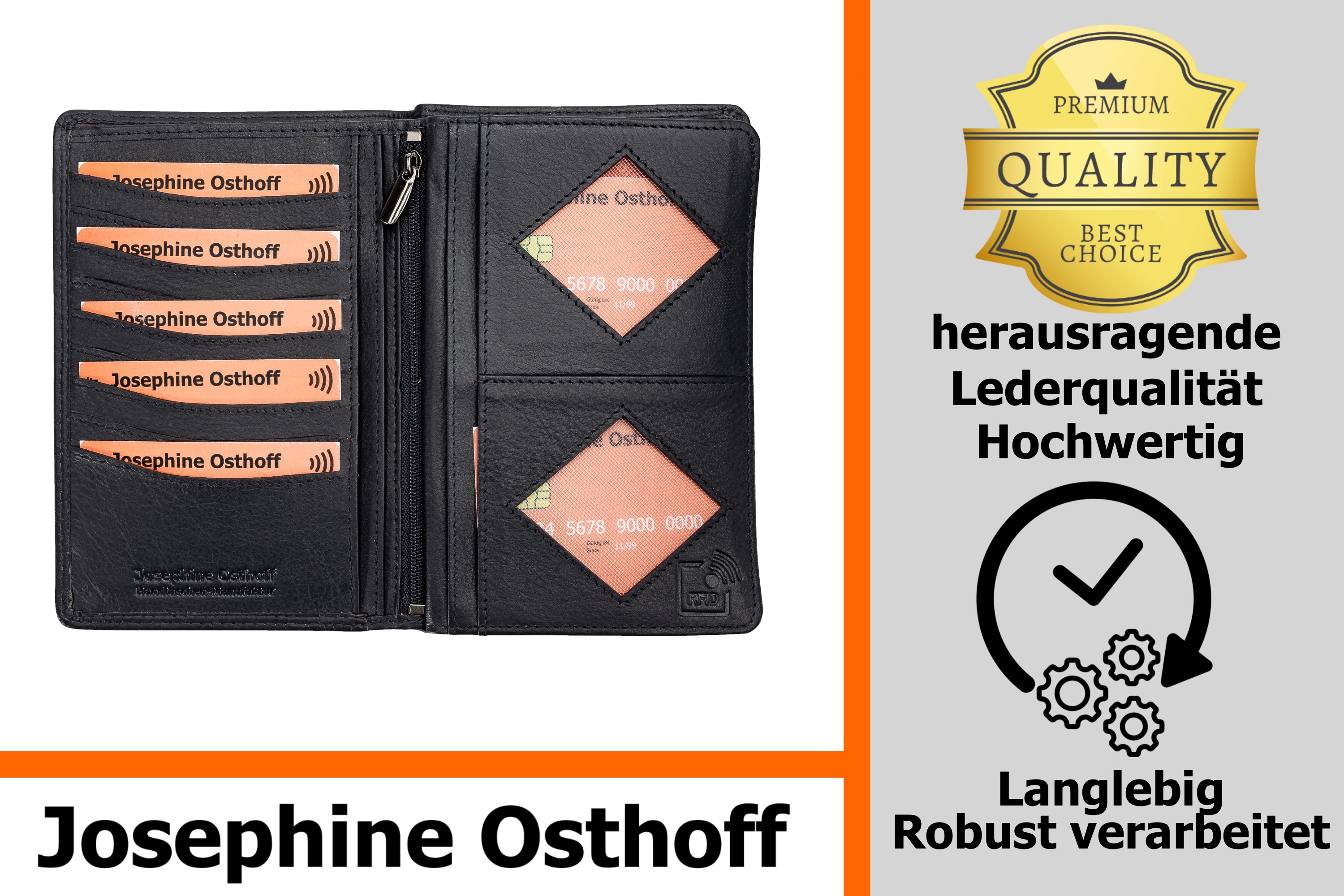 Josephine Osthoff Brieftasche Herren Leder Ausweisetui Reisepasshülle hochformat Ausweishülle Damen gross Ausweistasche RFID-Schutz slim wallet mit Geldscheinfach (942)