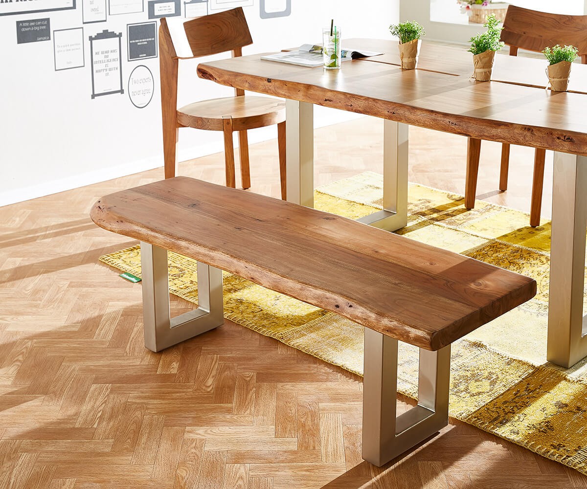 Sitzbank Live-Edge 135x40 Akazie Natur Gestell breit, Bänke, Baumkantenmöbel, Massivholzmöbel, Massivholz