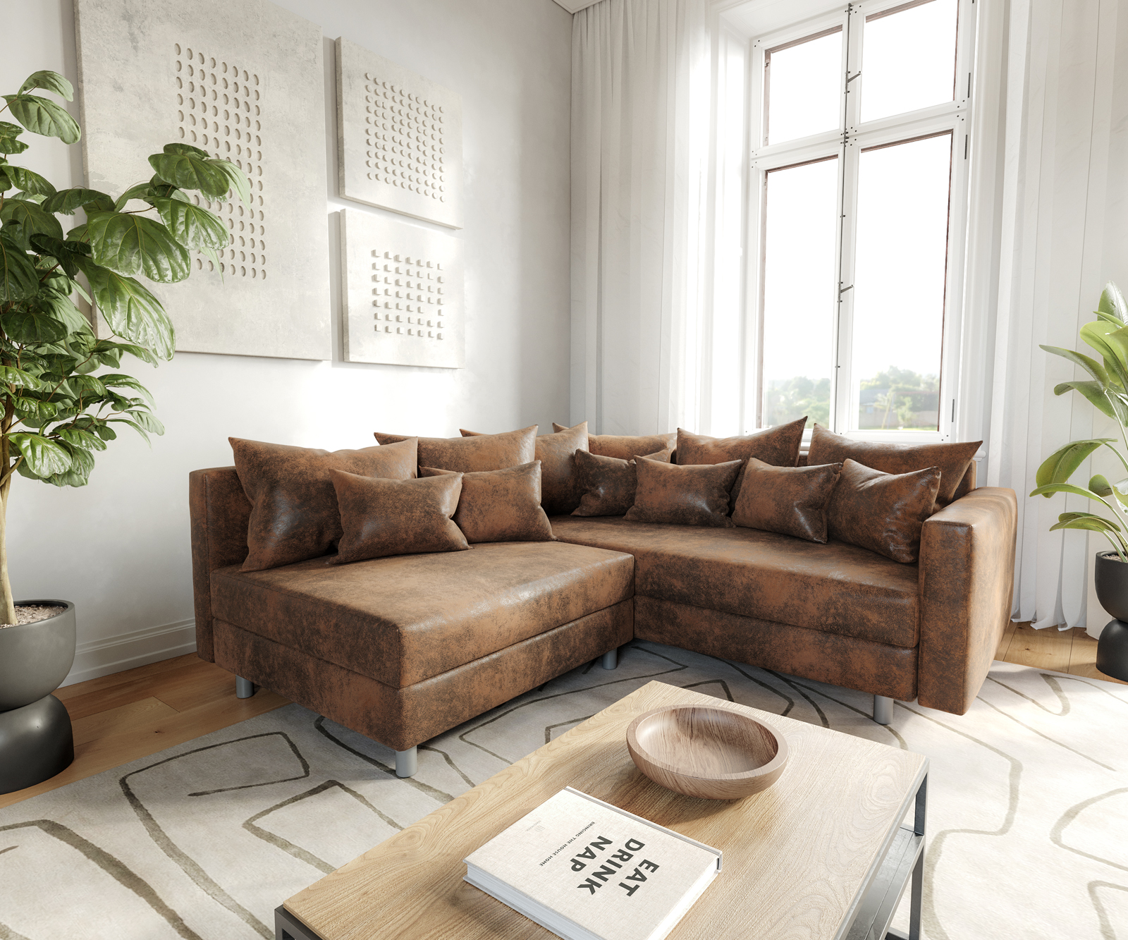 Ecksofa Clovis Braun Antik Optik modular Armlehne Ottomane Rechts