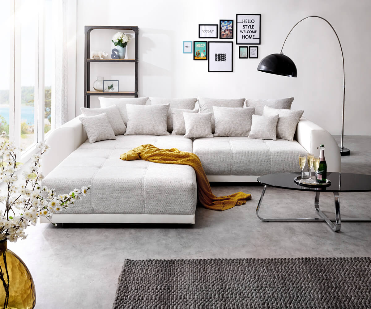 Big-Sofa Violetta 310x135 cm Hellgrau Creme mit Hocker | DELIFE