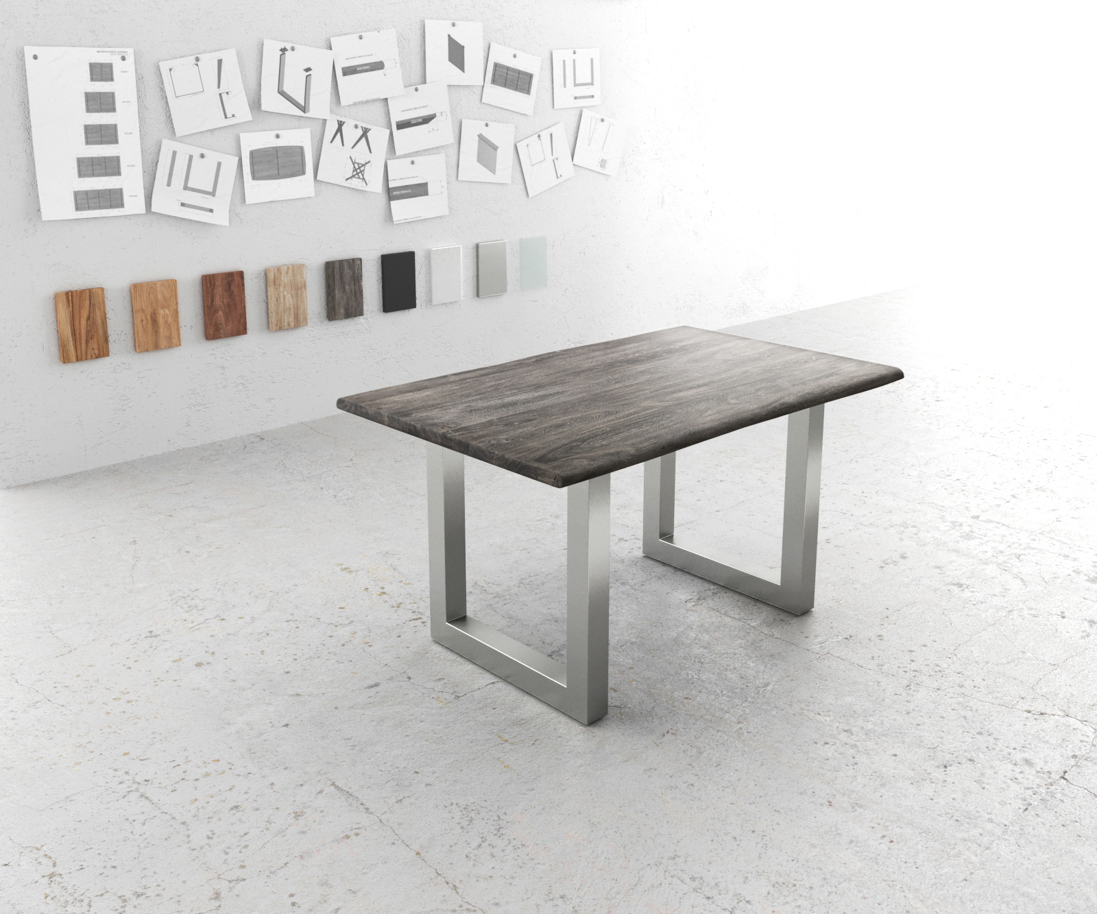 Table-à-manger Edge 140x90 XL acacia platine acier inoxydable large Live-Edge