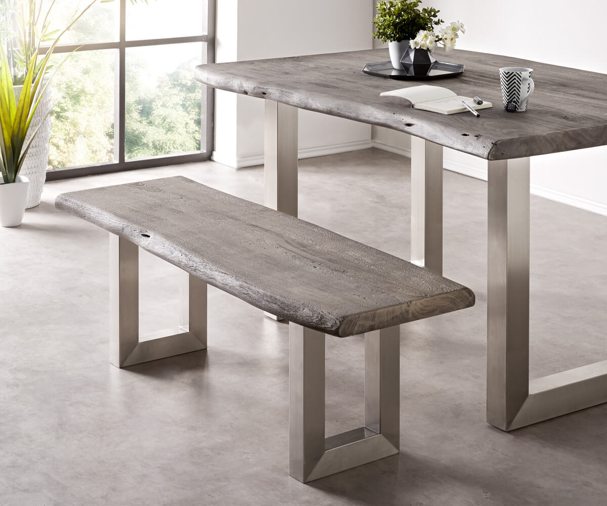 Sitzbank Live-Edge 135x40 Akazie Platin Gestell breit, Bänke, Baumkantenmöbel, Massivholzmöbel, Massivholz