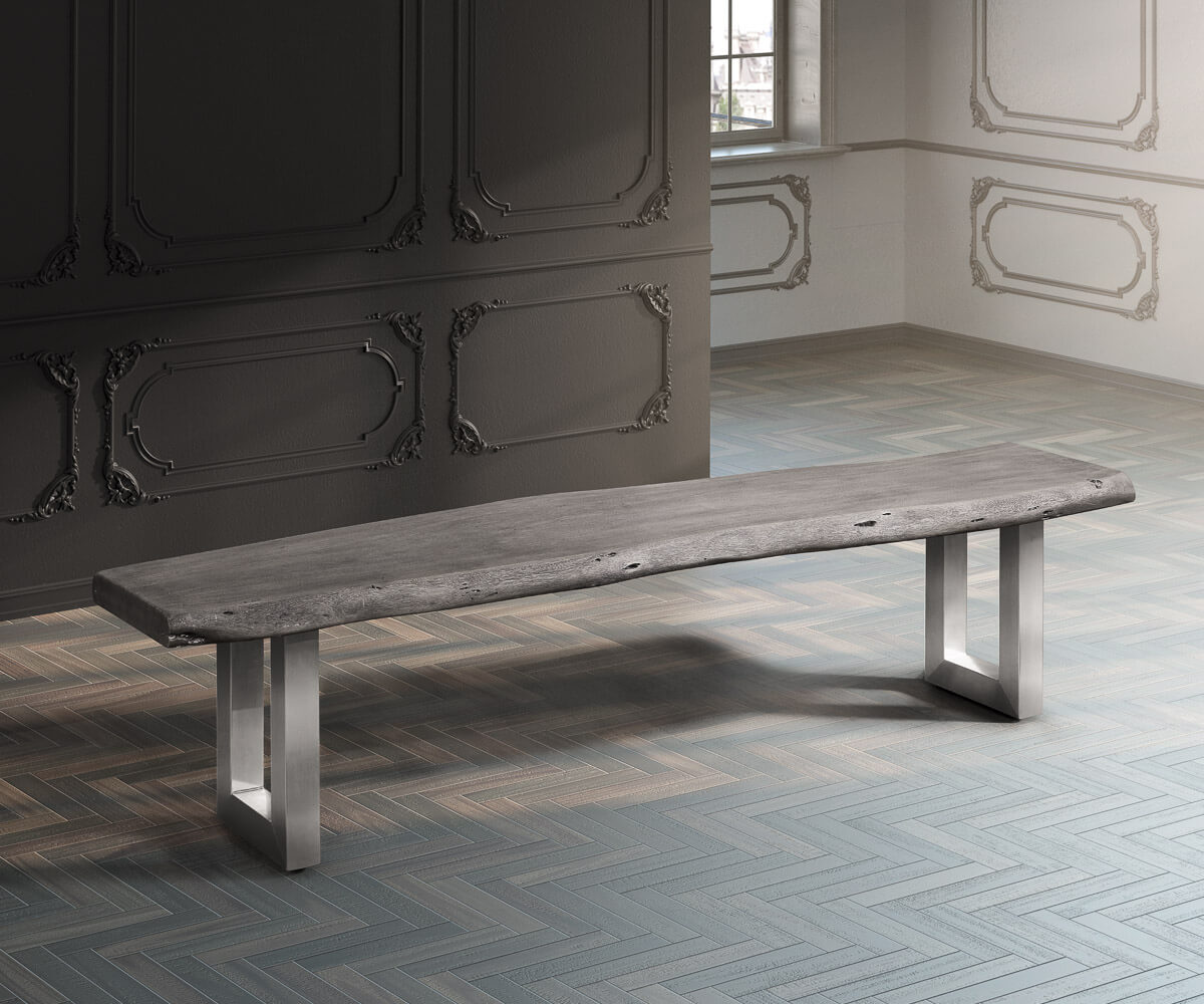 Sitzbank Live-Edge 195x40 Akazie Platin Gestell breit Baumkante, Bänke, Baumkantenmöbel, Massivholzmöbel, Massivholz