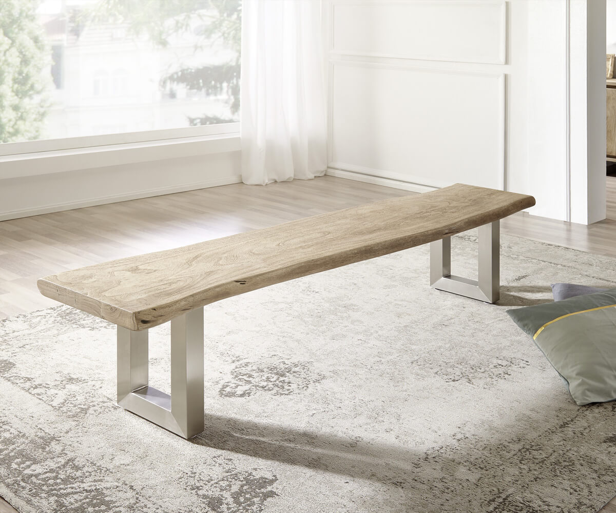 Sitzbank Live-Edge 195x40 Akazie Champagner Gestell breit, Bänke, Baumkantenmöbel, Massivholzmöbel, Massivholz