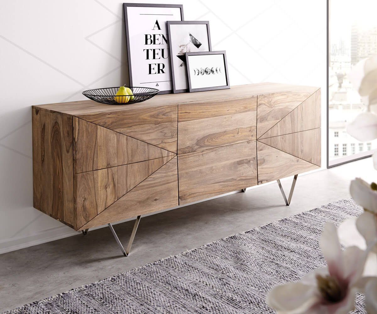 Design-Sideboard Wyatt 175 cm Sheesham Natur 3D Optik V-Fuß Edelstahl