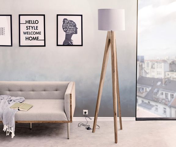 Designer-Stehlampe Wyatt Sheesham Natur drei Beine Stoff Grau Bild 1