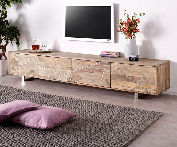 Designer-Lowboard Wyatt 220 cm Sheesham Natur 4 Türen Edelstahl Bild 1
