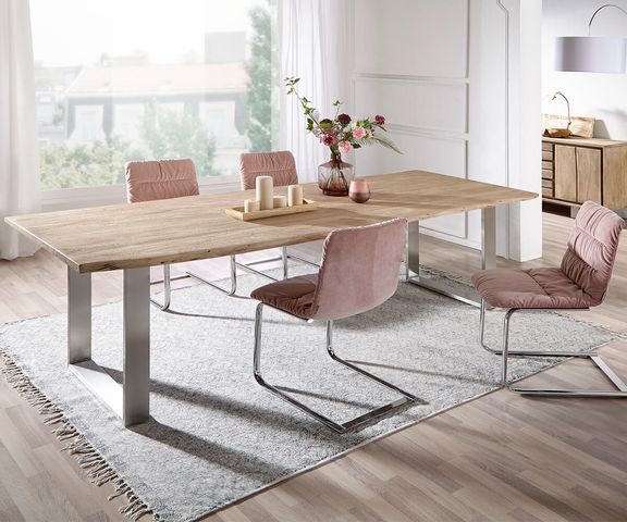 DELIFE Esstisch Edge 260x100 Akazie Champagner Edelstahl Schmal Live-Edge