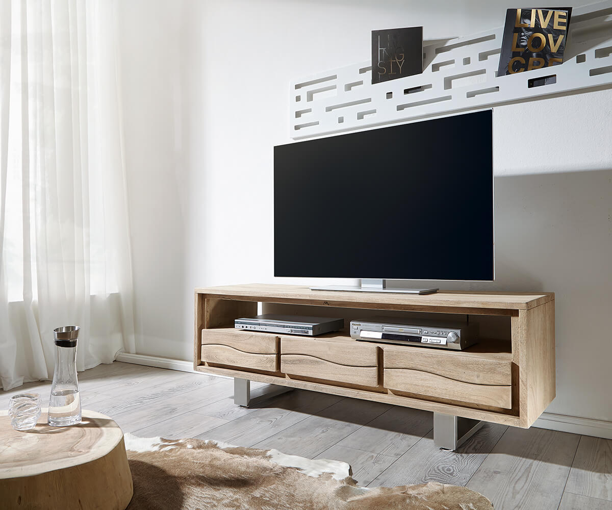 Lowboard Live-Edge 146 cm Akazie Champagner 3 Schübe 1 Fach, Fernsehtische, Baumkantenmöbel, Massivholzmöbel, Massivholz