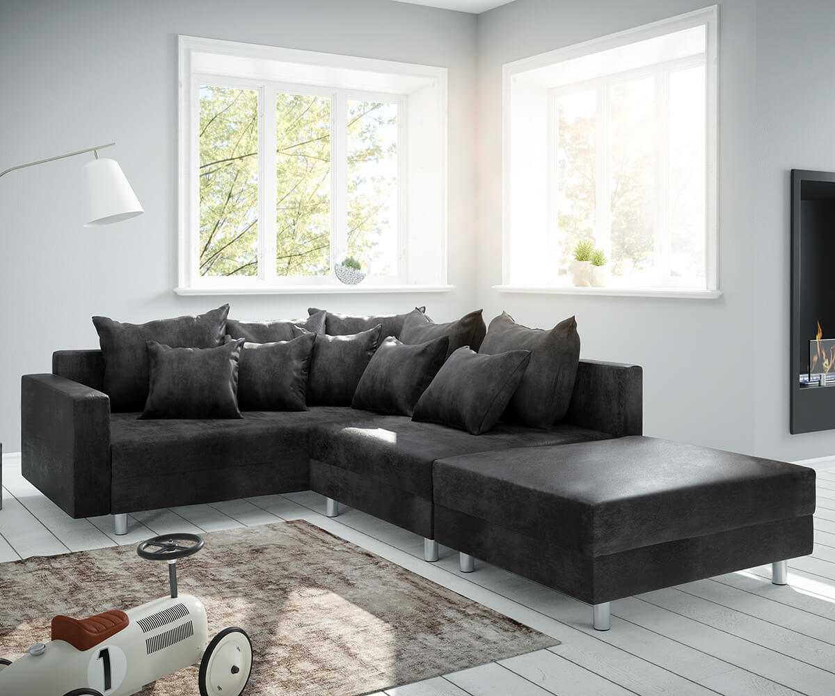 Ecksofa Clovis Anthrazit Antik Optik modul Hocker Armlehne Ottomane Links