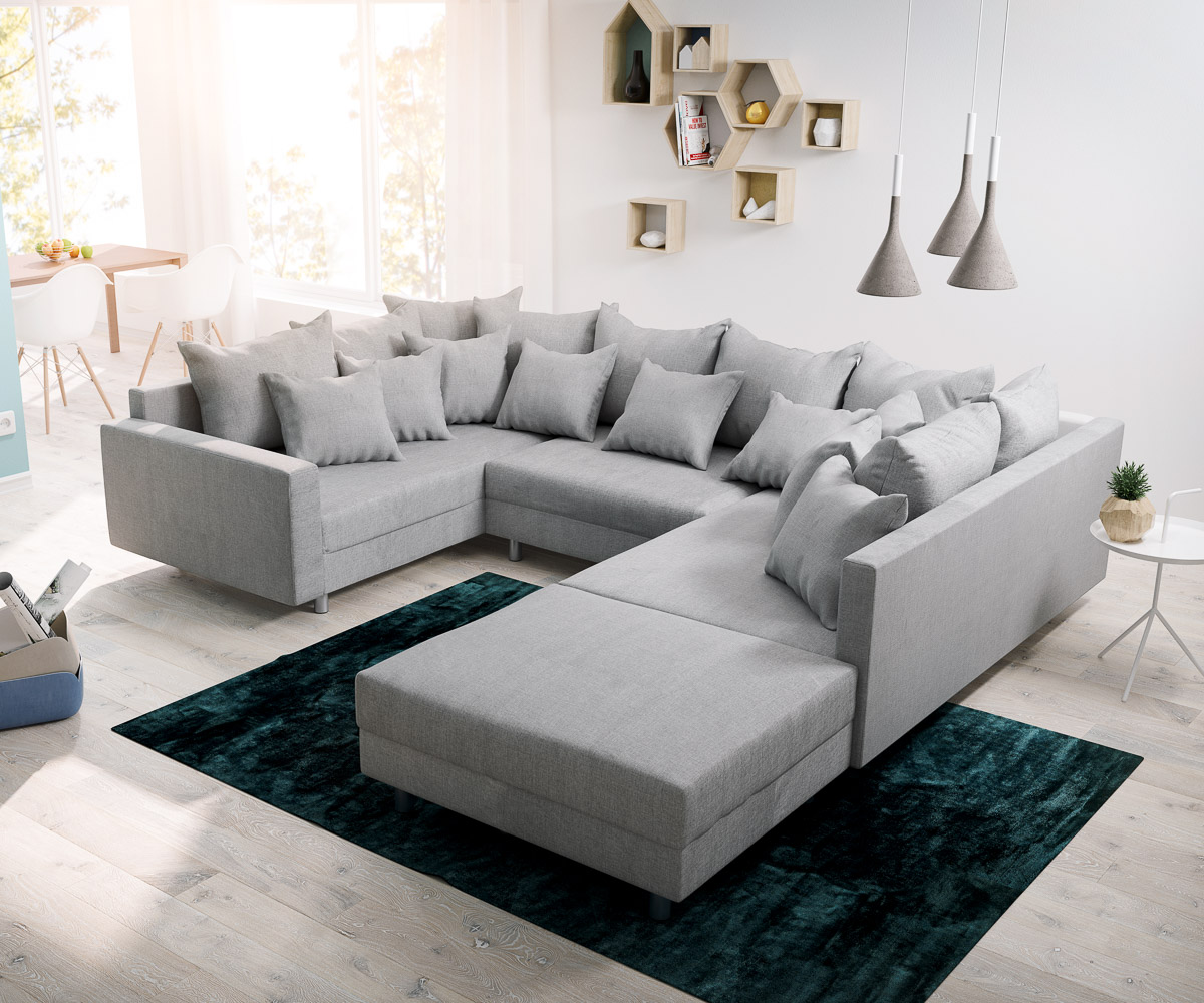 Wohnlandschaft Clovis Grau Flachgewebe Hocker Armlehne Modulsofa