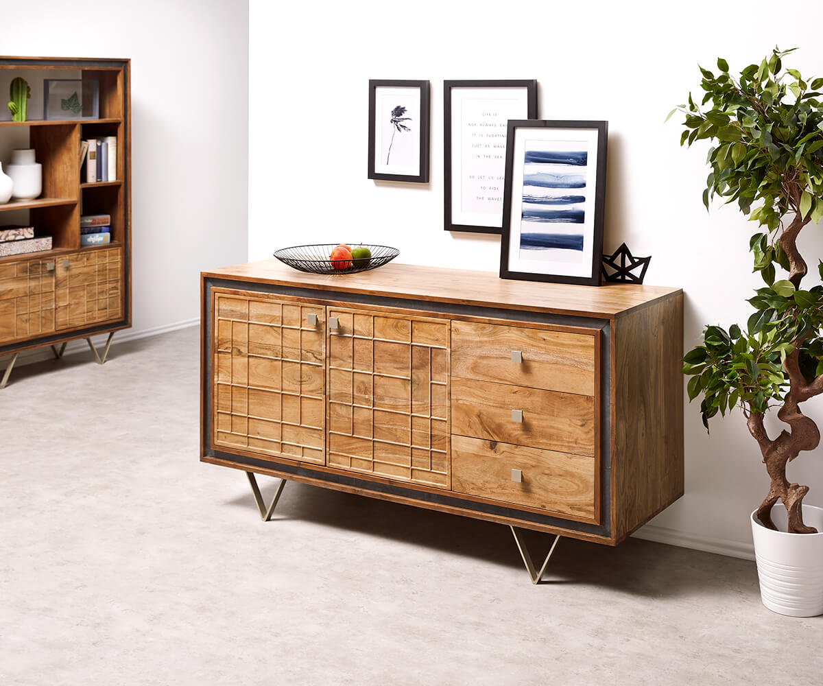 Buffet-design Stonegrace 147 cm acacia nature 3 tiroirs