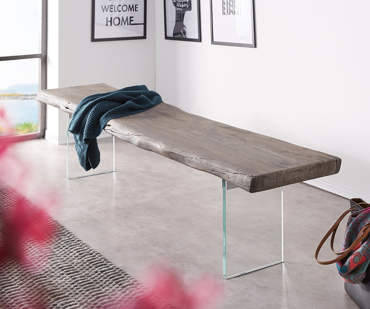 Sitzbank Live-Edge 195x40 cm Akazie Platin Glasbeine, Bänke, Baumkantenmöbel, Massivholzmöbel, Massivholz