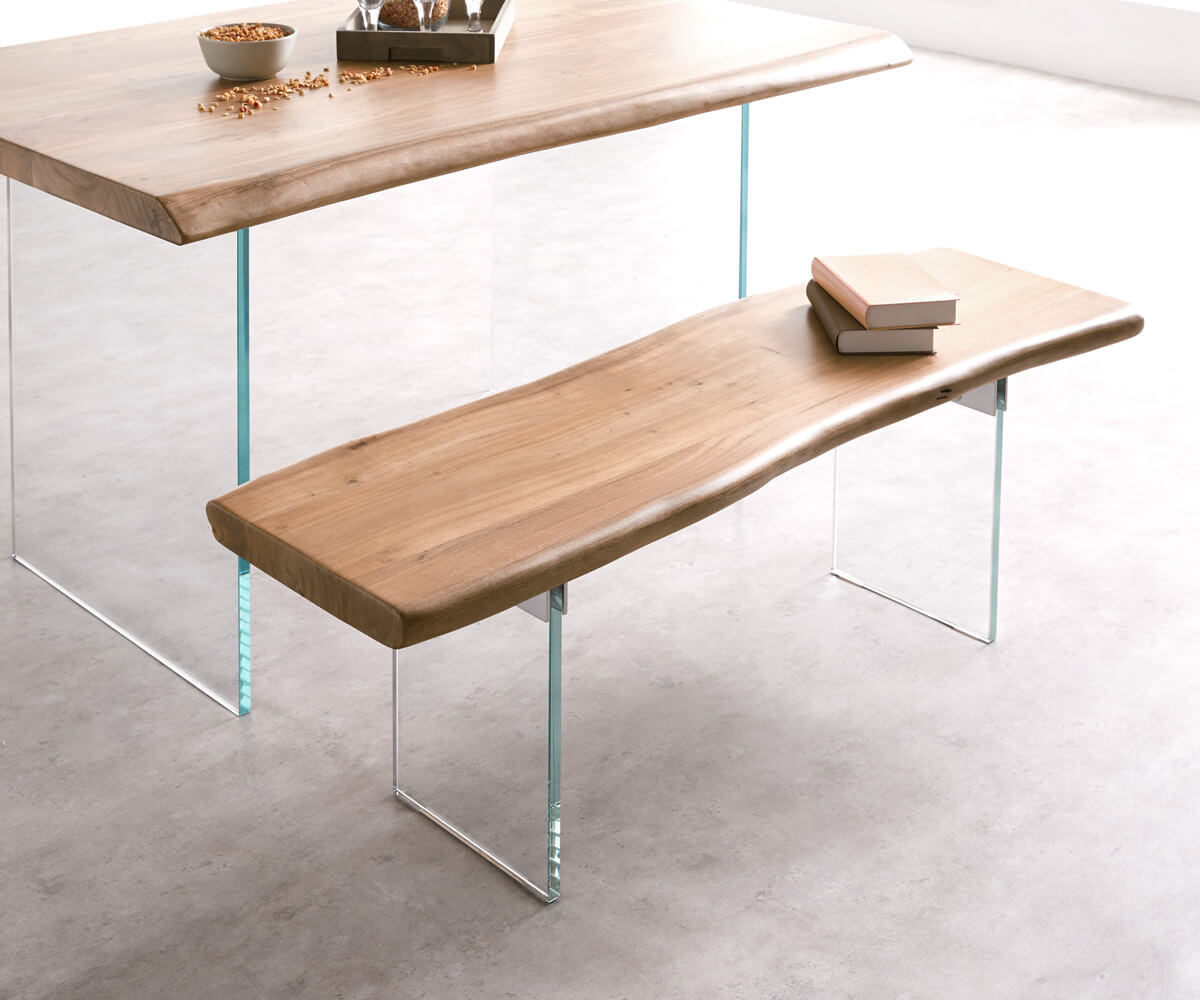 Sitzbank Live-Edge 135x40 Akazie Natur Glasbeine Baumkante, Bänke, Baumkantenmöbel, Massivholzmöbel, Massivholz
