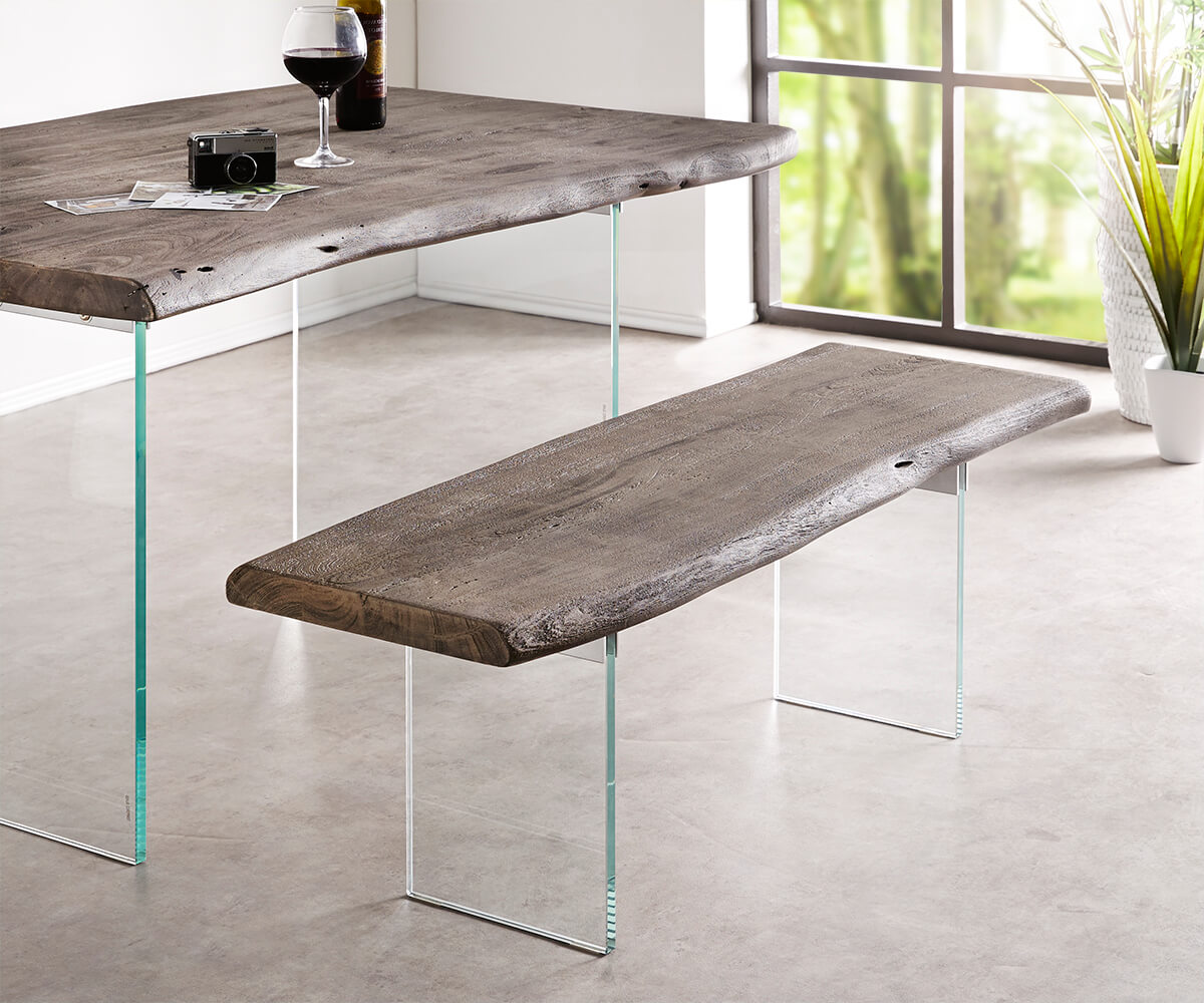 Sitzbank Live-Edge 135x40 cm Akazie Platin Glasbeine, Bänke, Baumkantenmöbel, Massivholzmöbel, Massivholz