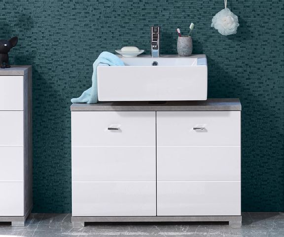 Waschbeckenunterschrank Petre 80 cm Weiss Grau Beton Optik Bild 1