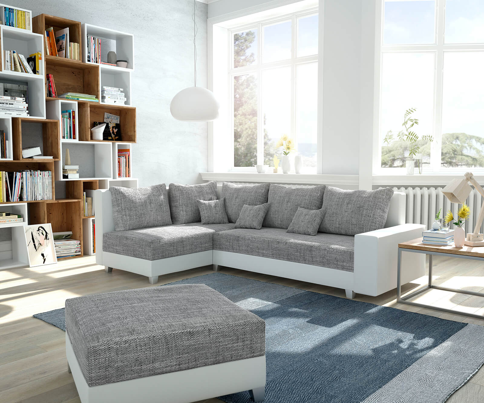 Ecksofa Panama Hellgrau Weiss Ottomane links mit Hocker Modulsofa