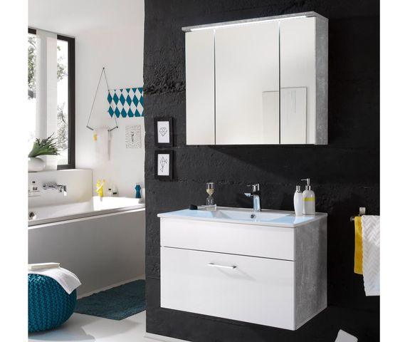 Badmöbelset Sibyl 80 cm Weiss Hochglanz Becken Beton Optik Bild 1