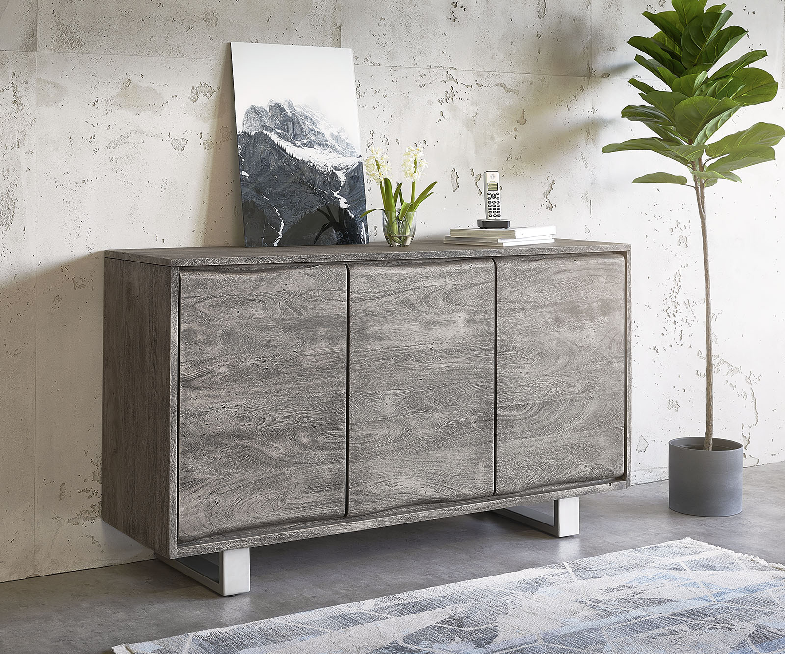 Sideboard Live-Edge Akazie Platin 147 cm Gestell pulverbeschichtet, Sideboards, Baumkantenmöbel, Massivholzmöbel, Massivholz