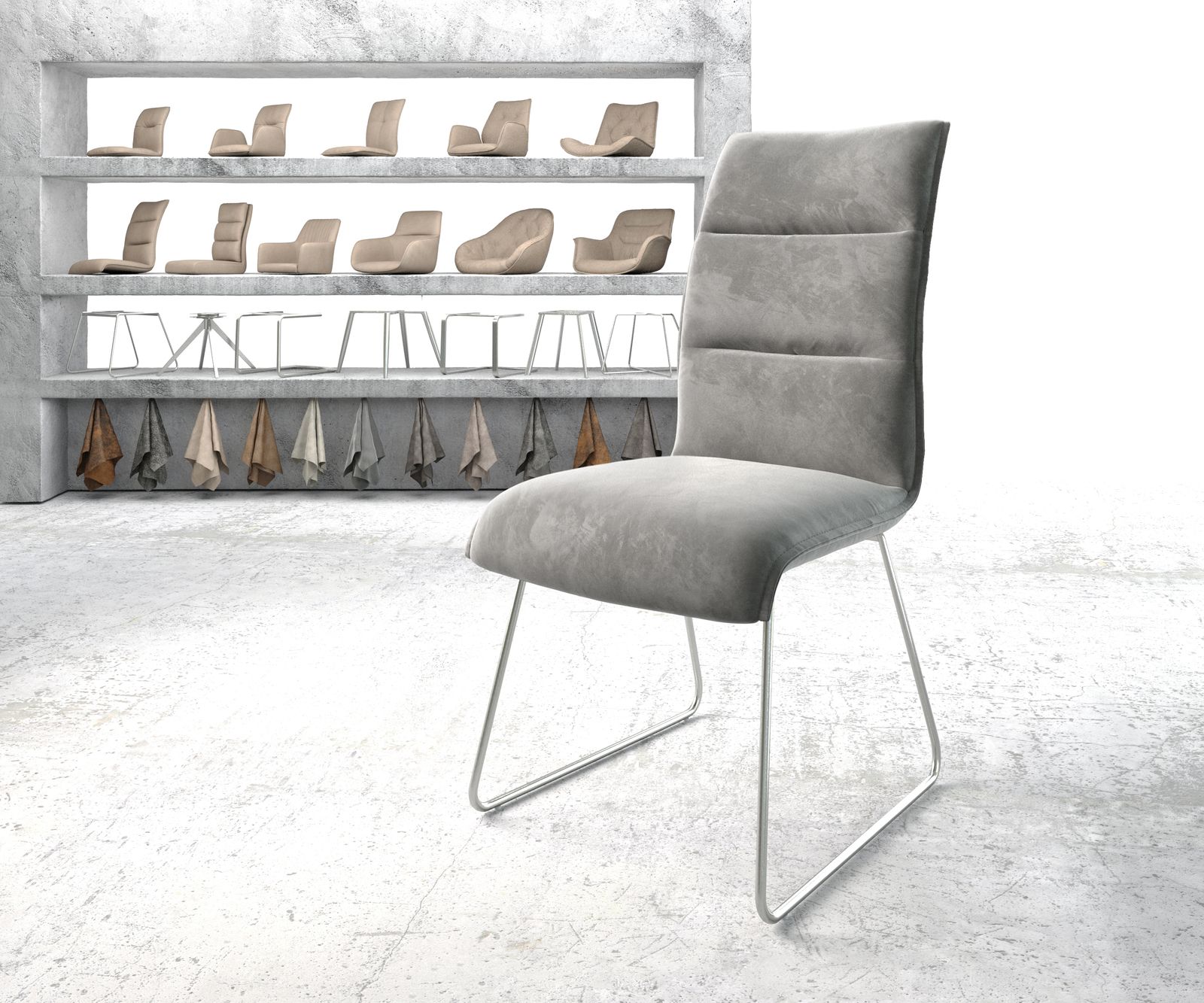 Chaise de salle à manger Xantus-Flex gris velours cadre patin acier inoxydable