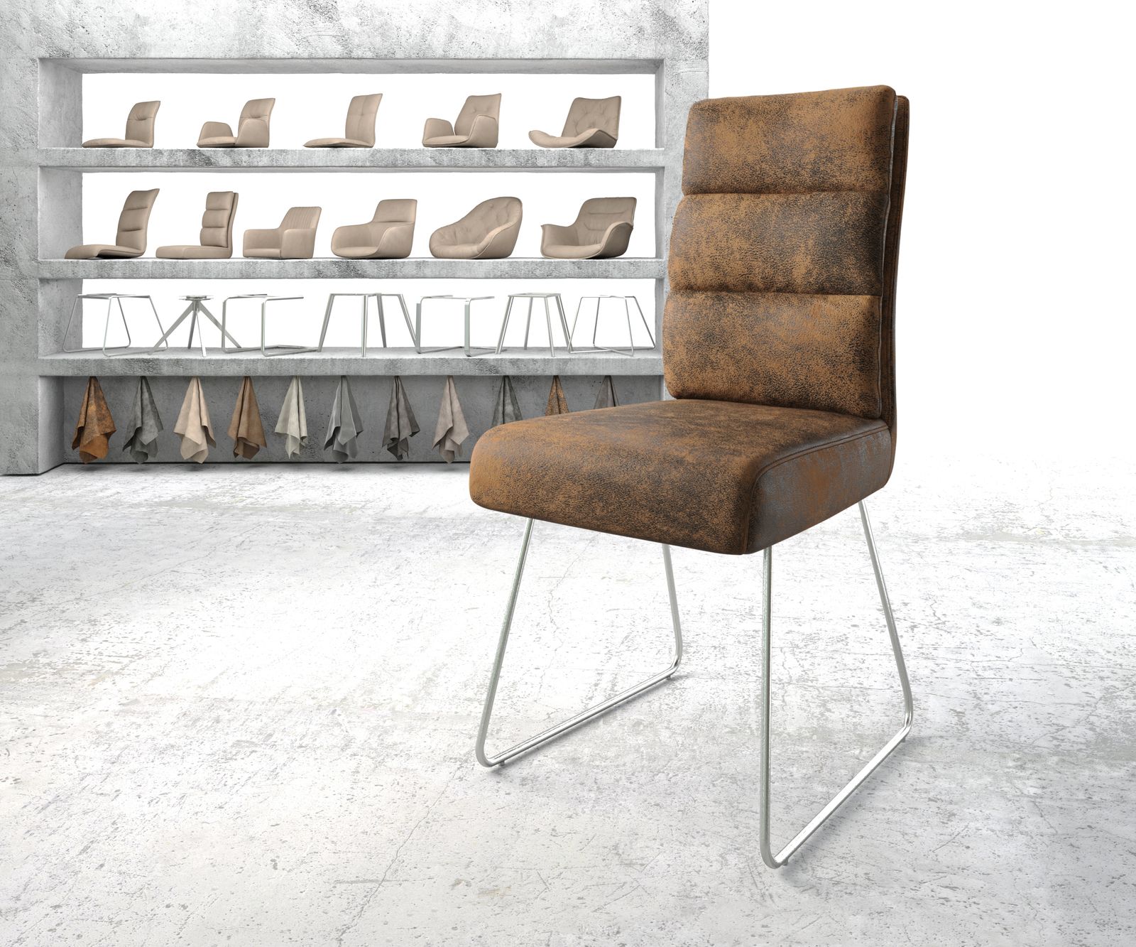 Chaise-de-salle-à-manger Pela-Flex marron vintage cadre patin acier inoxydable