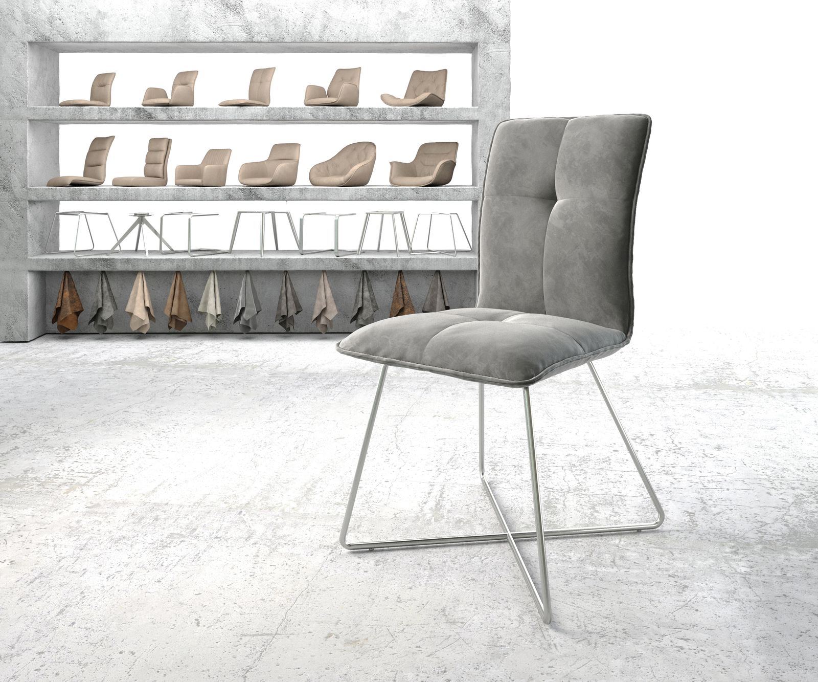 Chaise de salle à manger Maddy-Flex gris velours X-cadre acier inoxydable