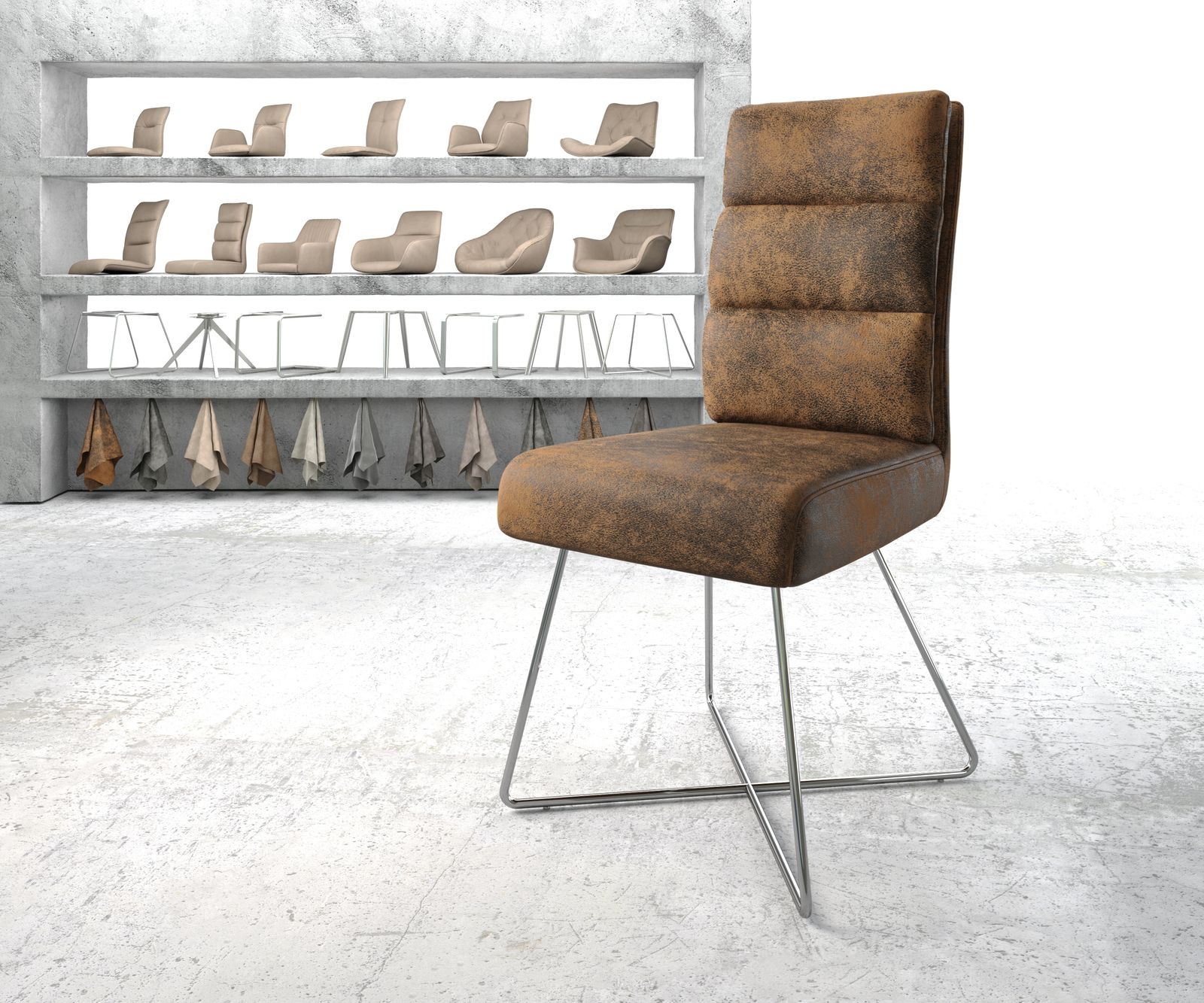 Chaise-de-salle-à-manger Pela-Flex marron vintage X-cadre acier inoxydable