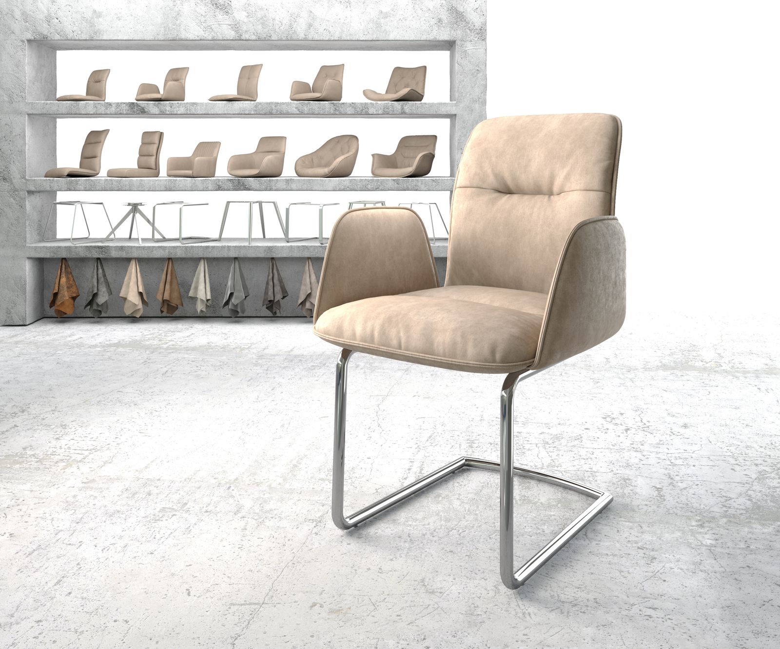 Fauteuil Vinja-Flex beige vintage cantilever rond chromé