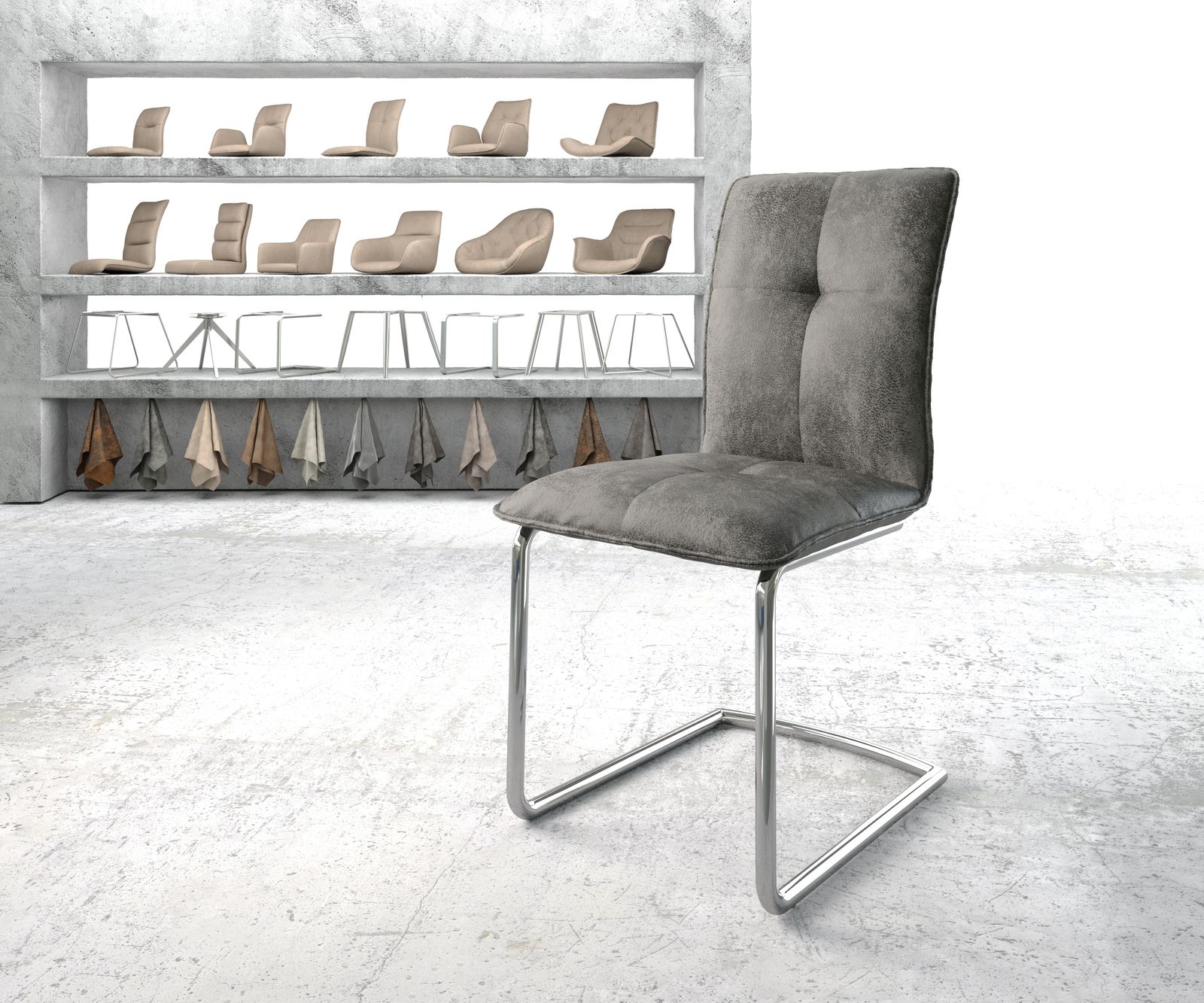 Chaise de salle à manger Maddy-Flex gris vintage cantilever rond chromé