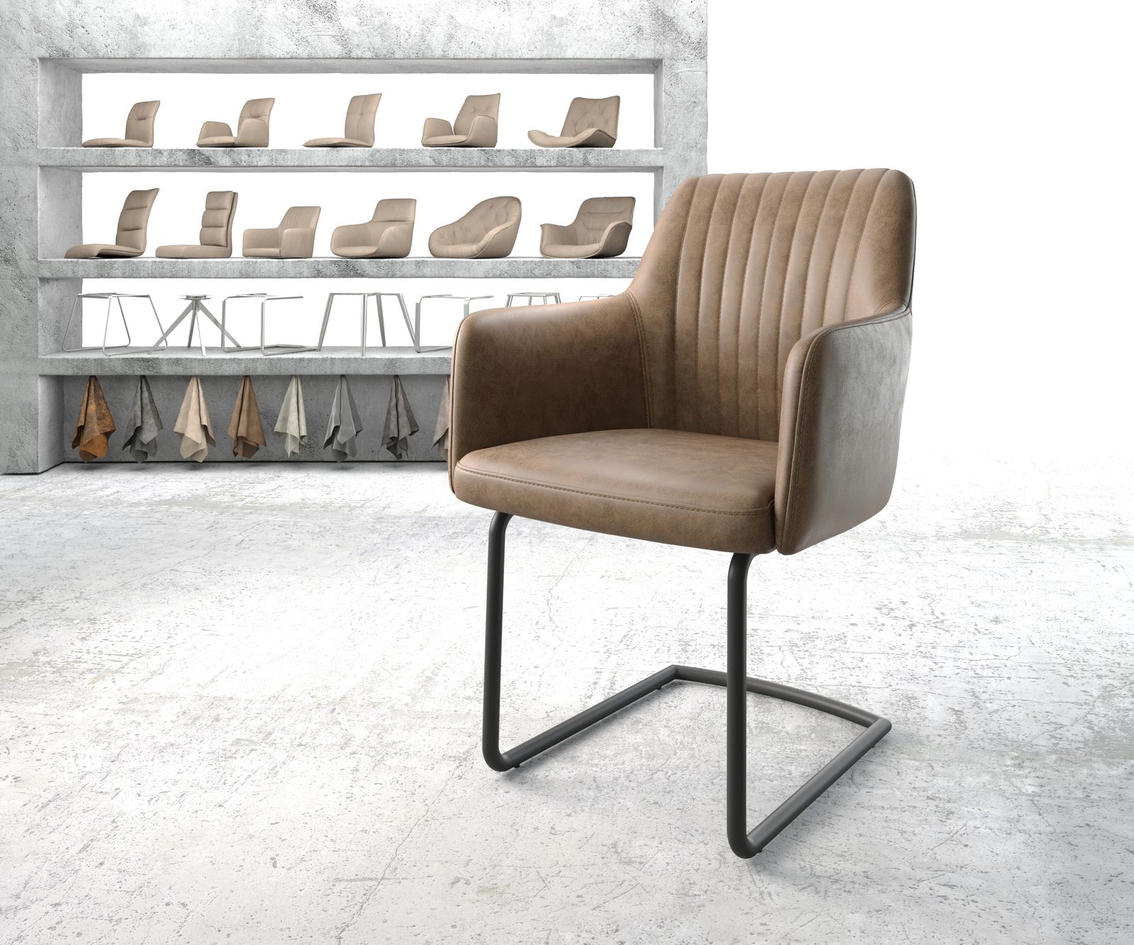 Armlehnstuhl Greg-Flex Braun Kunstleder Freischwinger rund schwarz, Esszimmerstühle