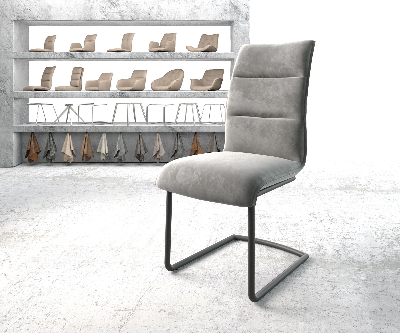 Chaise de salle à manger Xantus-Flex gris velours cantilever rond noir