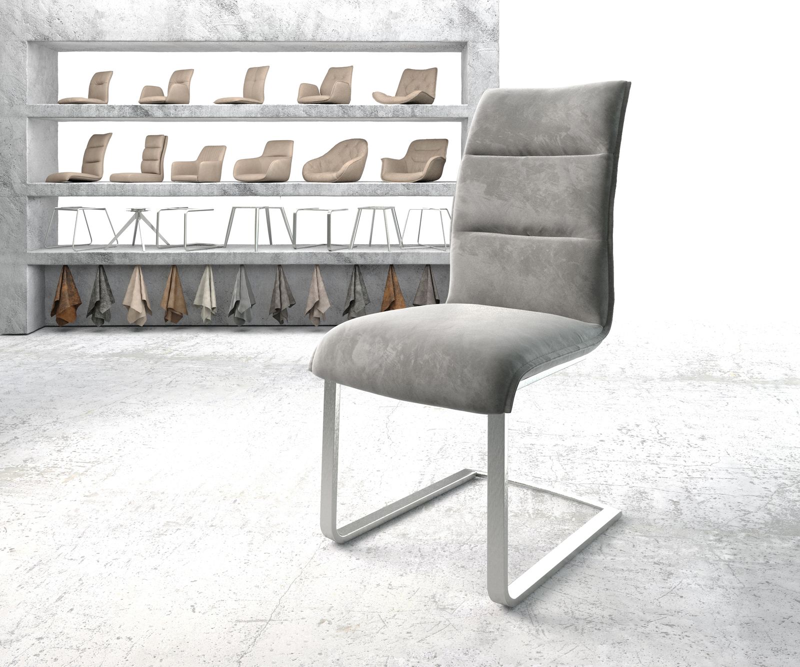 Chaise de salle à manger Xantus-Flex gris velours cantilever plat acier inoxydable