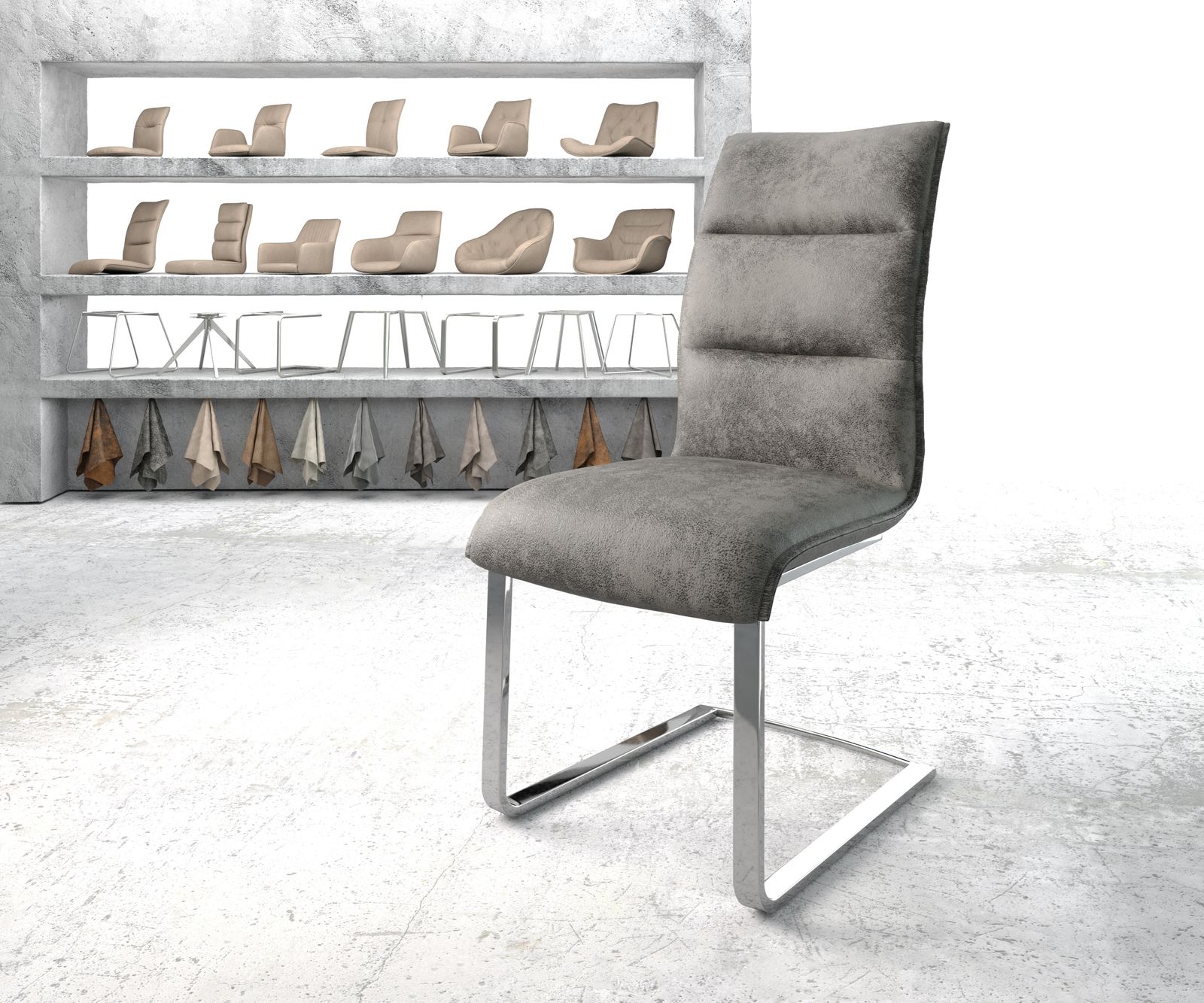 Chaise de salle à manger Xantus-Flex gris vintage cantilever plat chromé