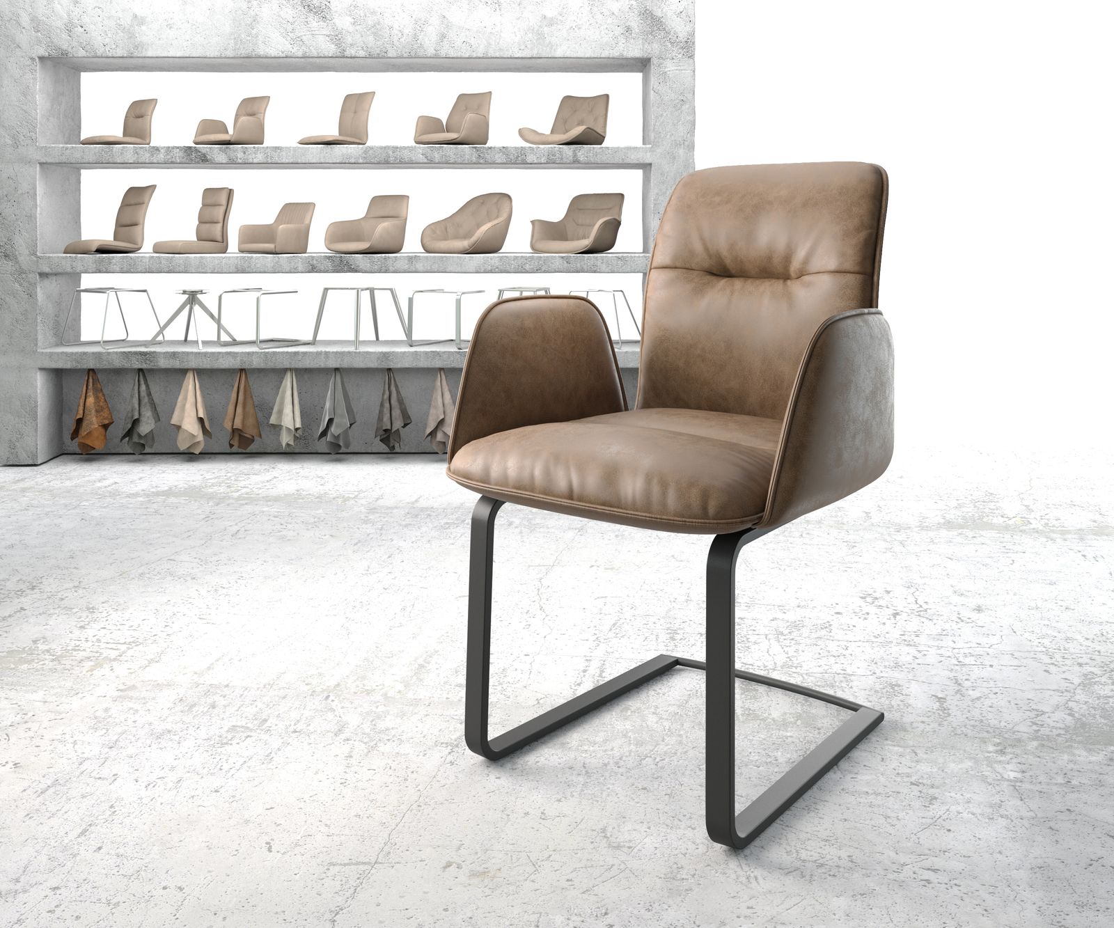 Armlehnstuhl Vinja-Flex Braun Kunstleder Freischwinger flach schwarz, Esszimmerstühle