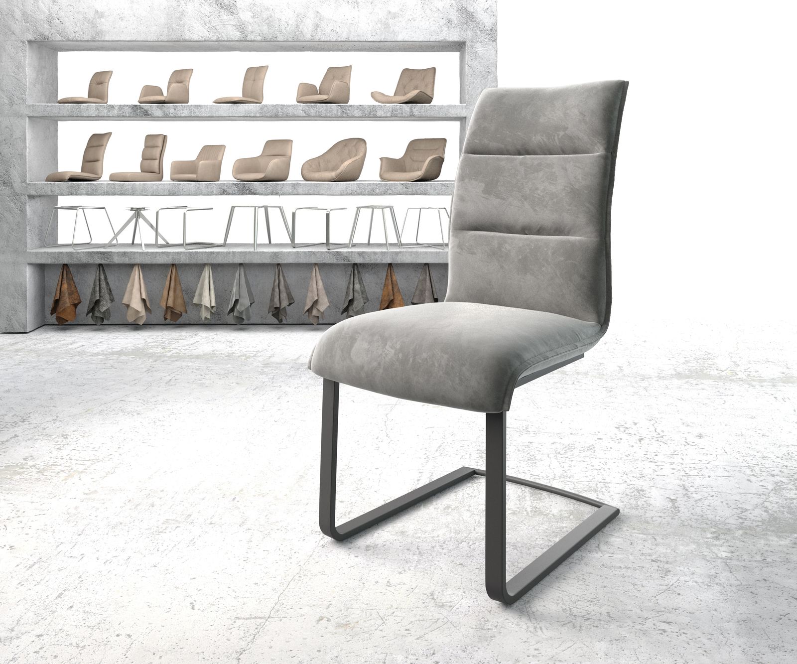 Chaise de salle à manger Xantus-Flex gris velours cantilever plat noir