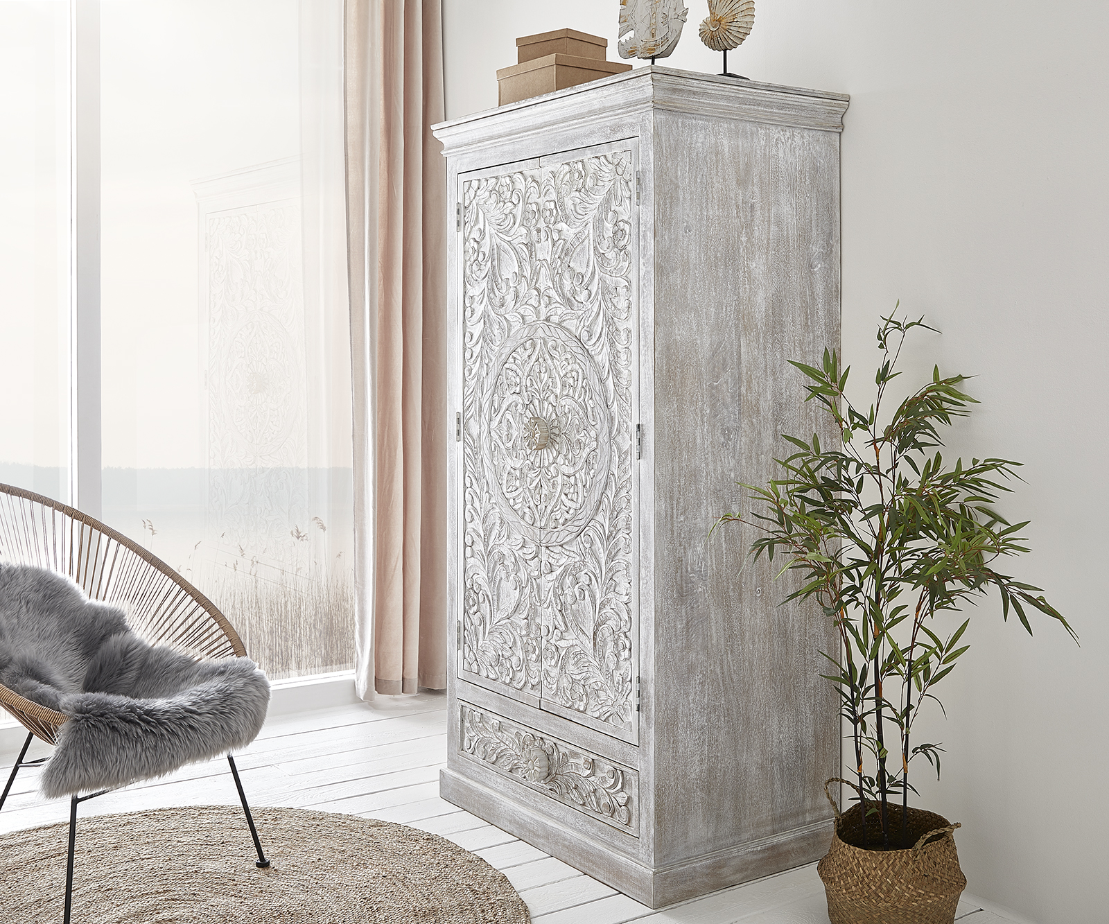 Kleiderschrank Colia 180x92x62 cm Weiß Mangoholz Massiv Möbel Kommoden