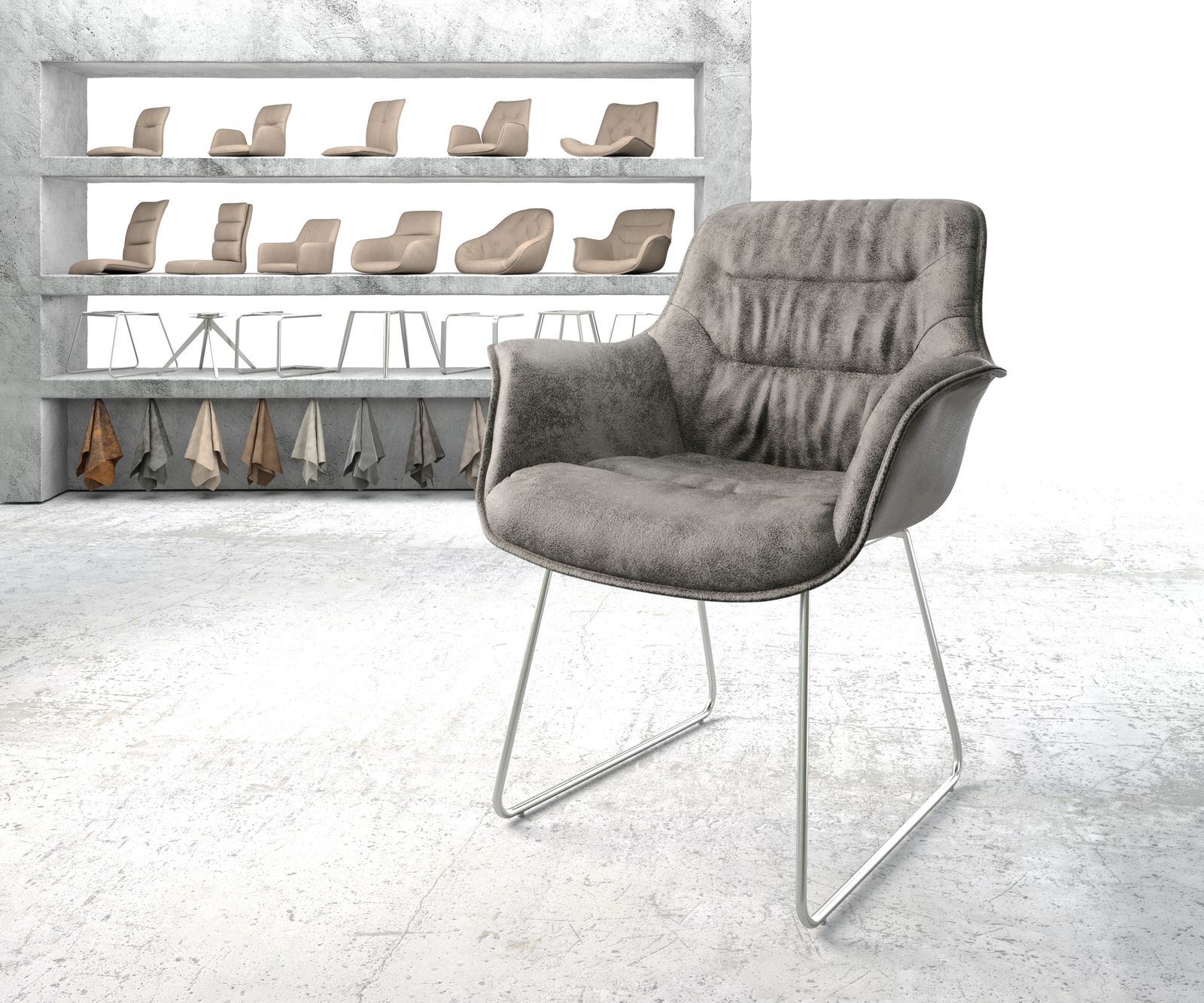 Fauteuil Kaira-Flex gris vintage cadre patin acier inoxydable