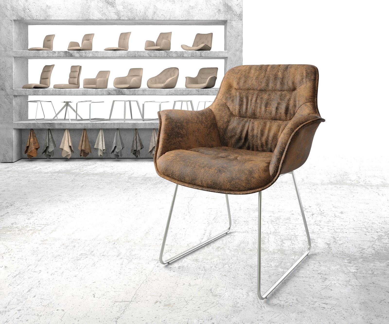 Fauteuil Kaira-Flex marron vintage cadre patin acier inoxydable