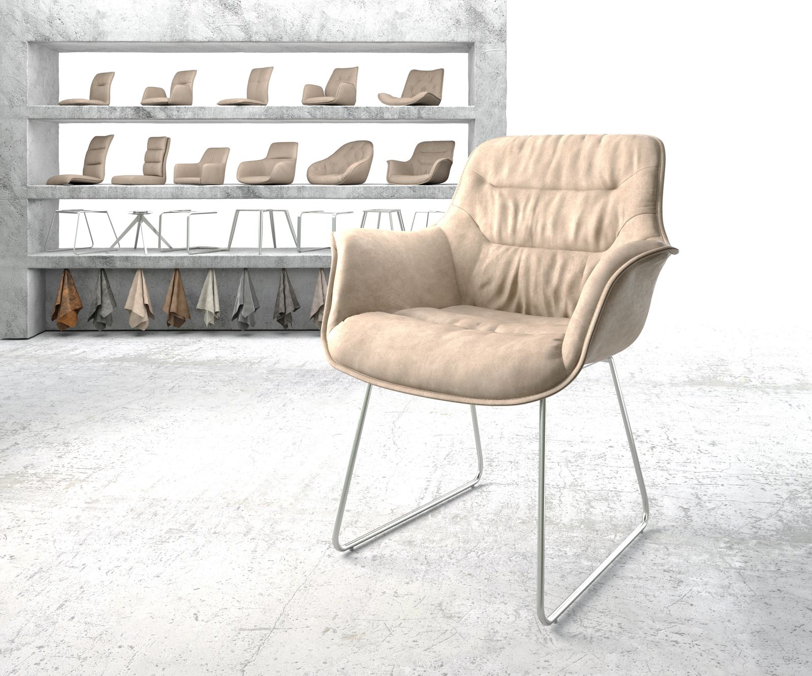 Fauteuil Kaira-Flex beige vintage cadre patin acier inoxydable
