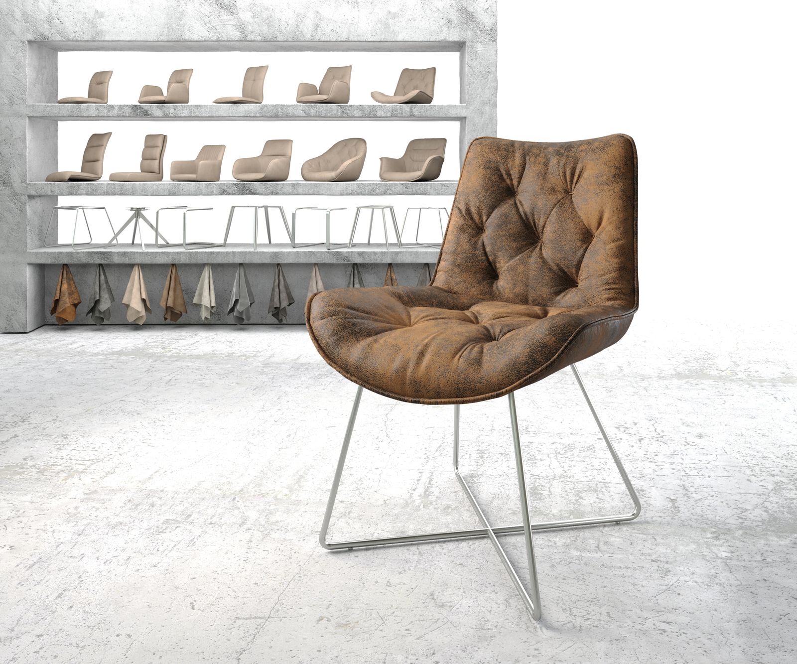 Chaise de salle à manger Taimi-Flex marron vintage X-cadre acier inoxydable