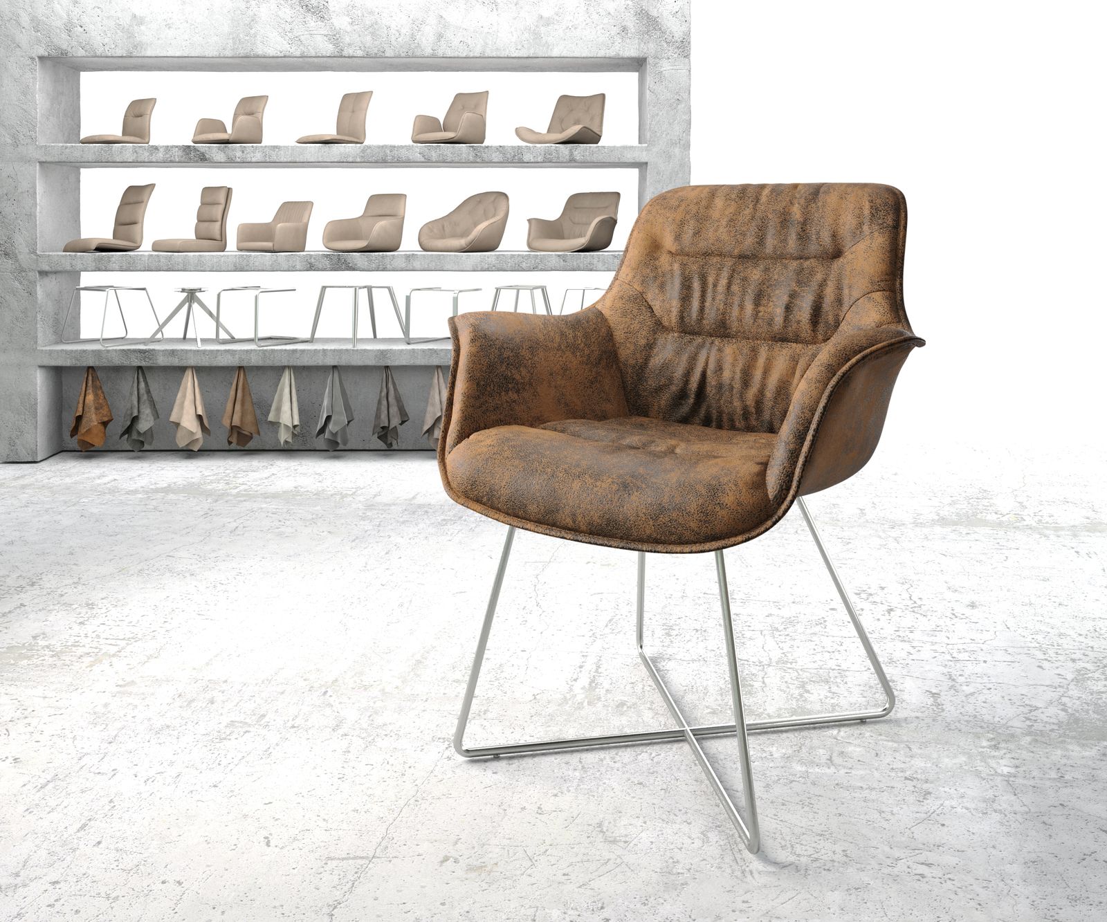 Fauteuil Kaira-Flex marron vintage X-cadre acier inoxydable