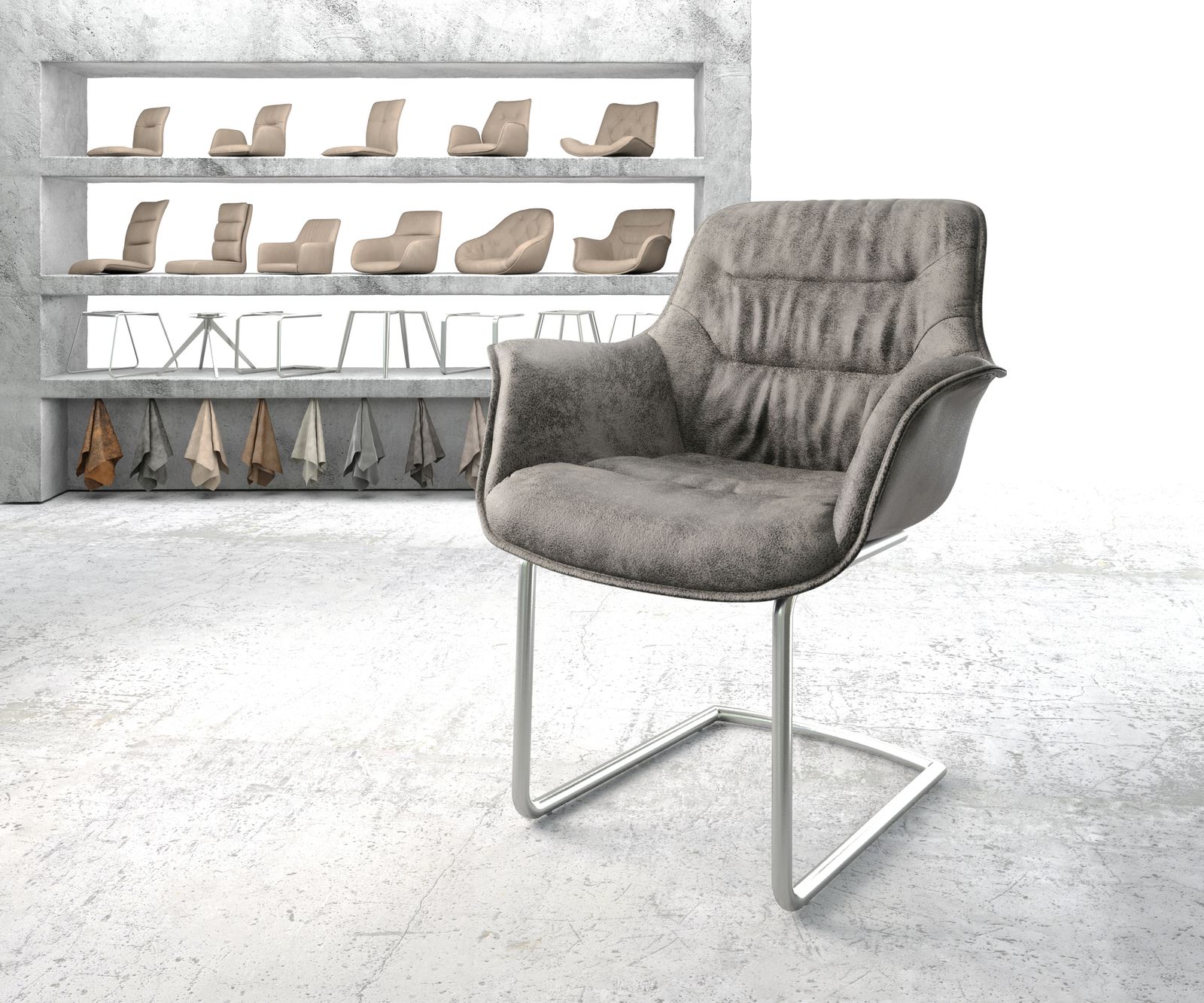 Fauteuil Kaira-Flex gris vintage cantilever rond acier inoxydable