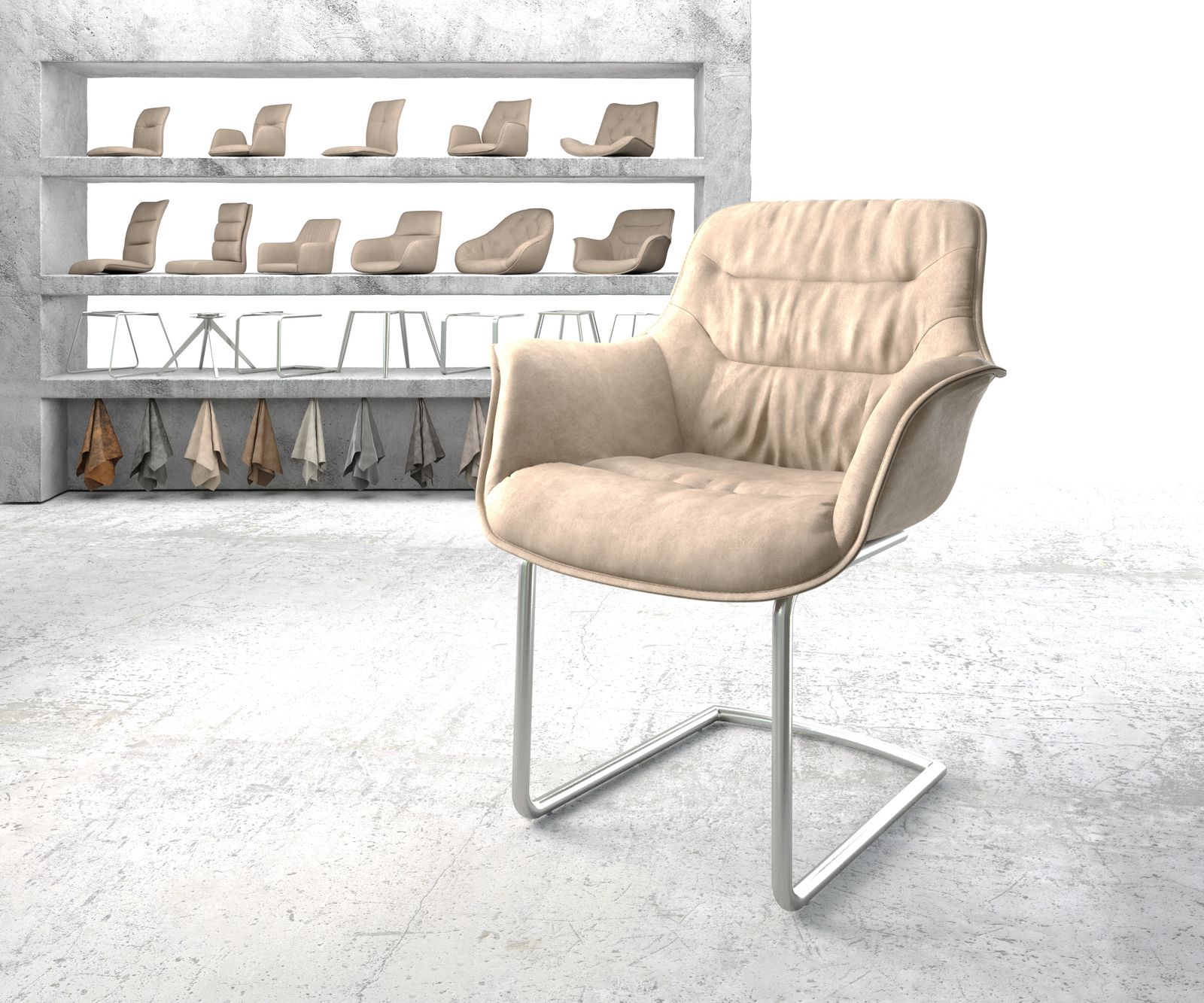 Fauteuil Kaira-Flex beige vintage cantilever rond acier inoxydable