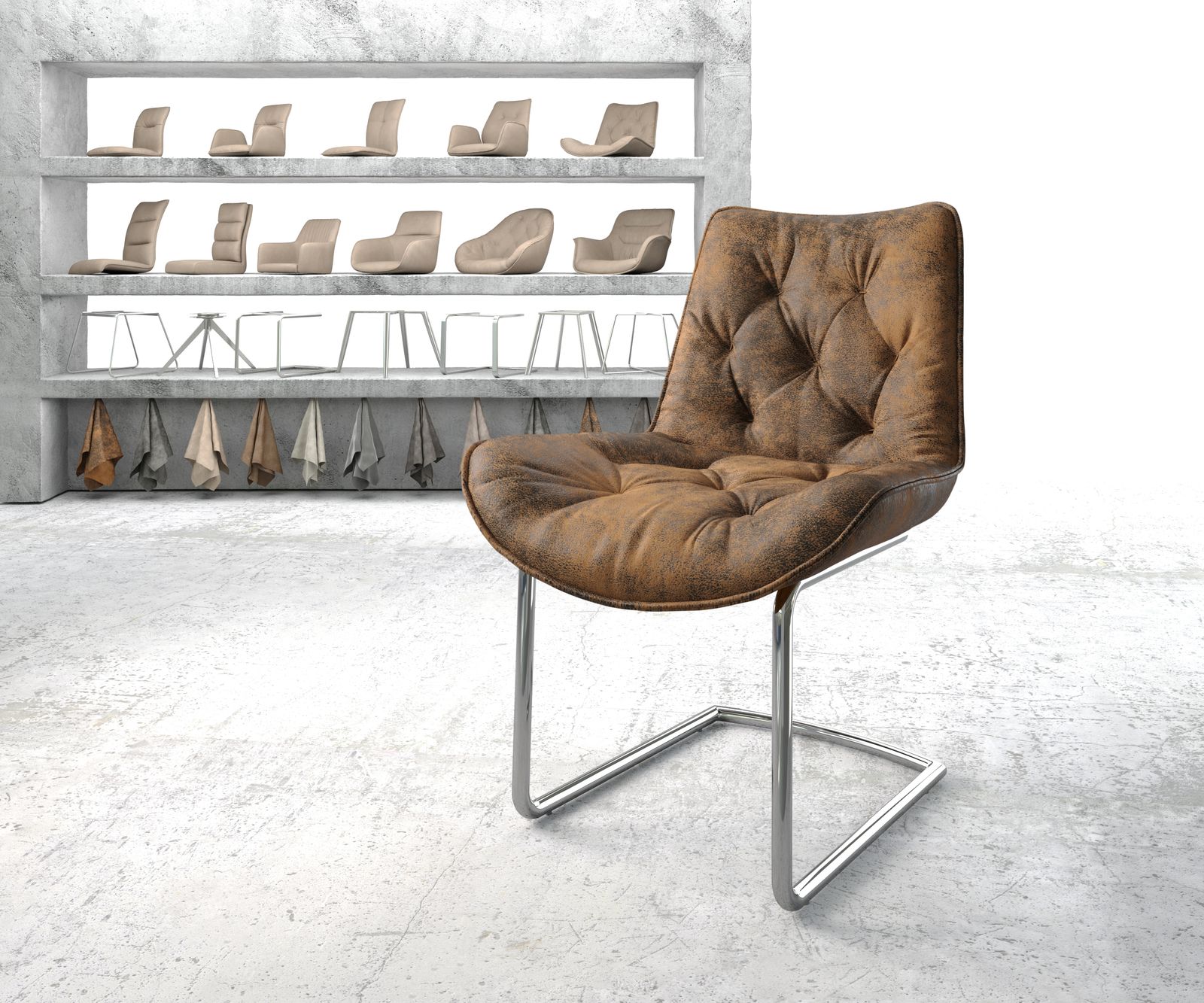 Chaise de salle à manger Taimi-Flex marron vintage cantilever rond chromé